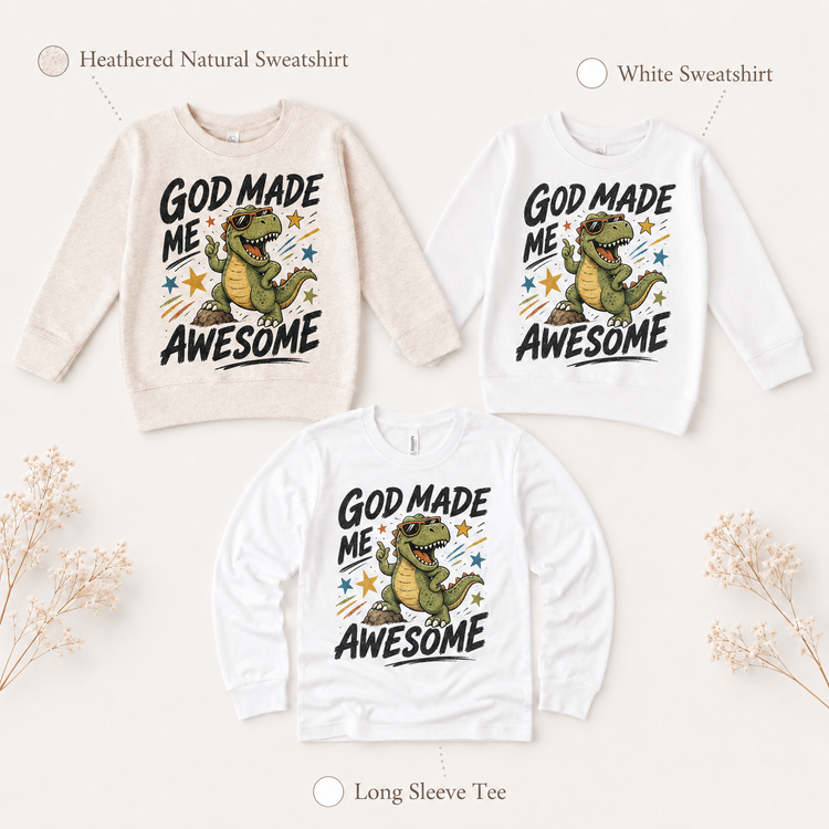 God Made Me Awesome Kids Shirt, Christian Dinosaur Tee, Faith Toddler T-Shirt Gift