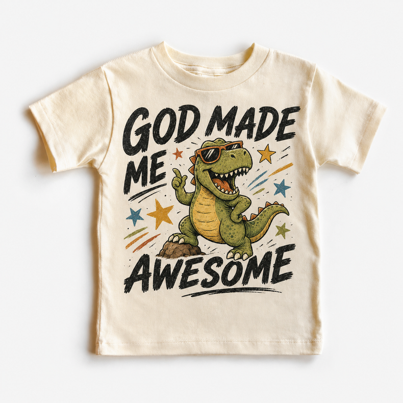 God Made Me Awesome Kids Shirt, Christian Dinosaur Tee, Faith Toddler T-Shirt Gift
