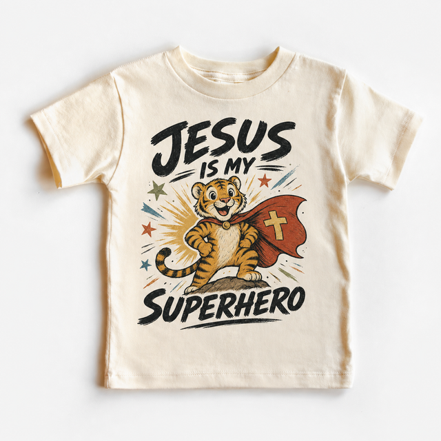 Jesus Is My Superhero Kids, Christian Tiger, Faith Toddler Gift graphic T-shirt by Madi Moosh