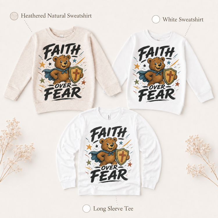 Faith Over Fear Kids Shirt, Christian Bear Superhero Tee, Religious Toddler Gift