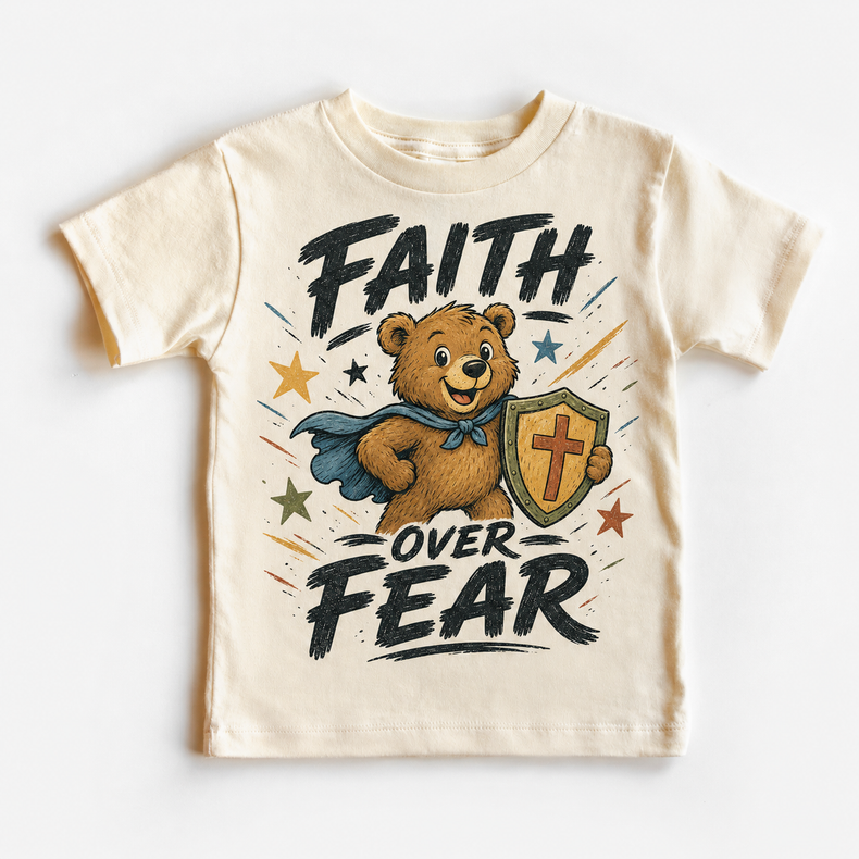 Faith Over Fear Kids Shirt, Christian Bear Superhero Tee, Religious Toddler Gift