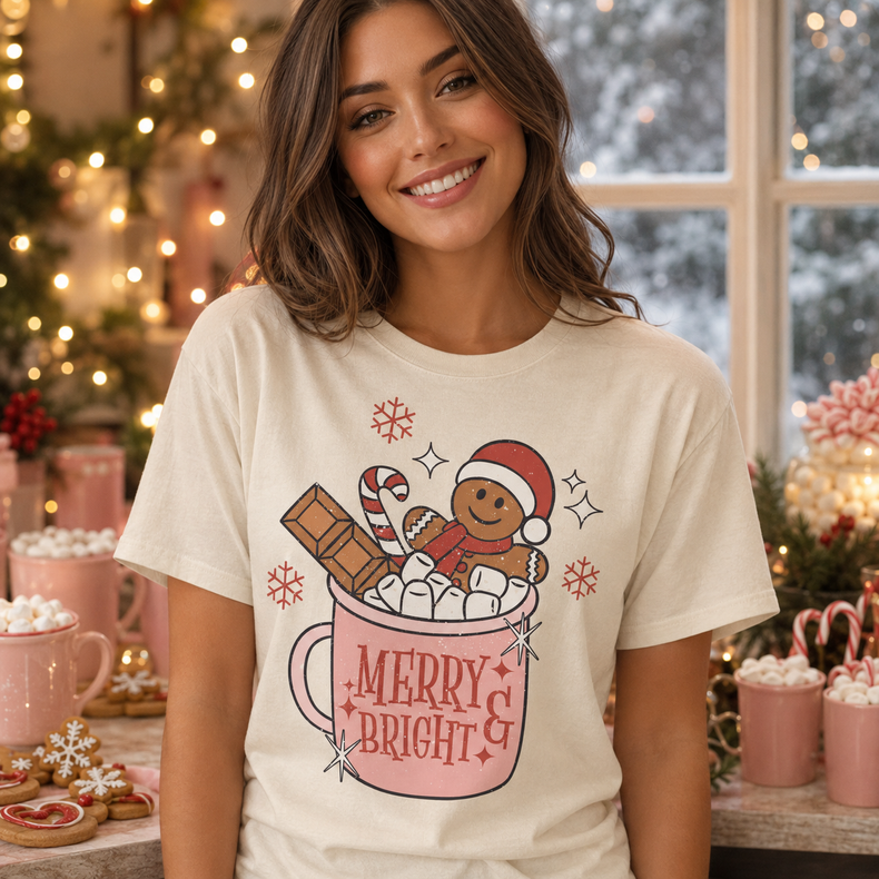 Merry and Bright Hot Cocoa Graphic T-Shirt, Retro Gingerbread Christmas Tee