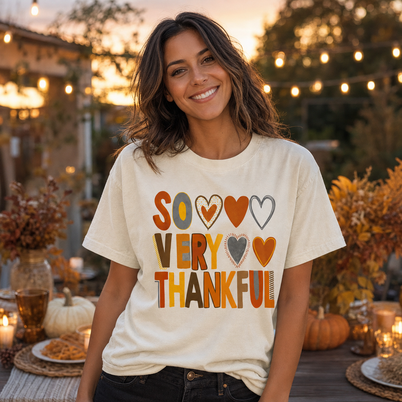 So Very Thankful Graphic T-Shirt, Retro Thanksgiving Hearts Tee