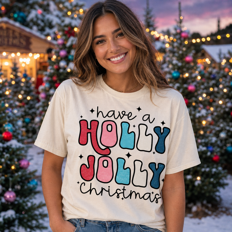 Holly Jolly Christmas Graphic T-Shirt, Colorful Retro Holiday Tee Printed On Comfort Colors
