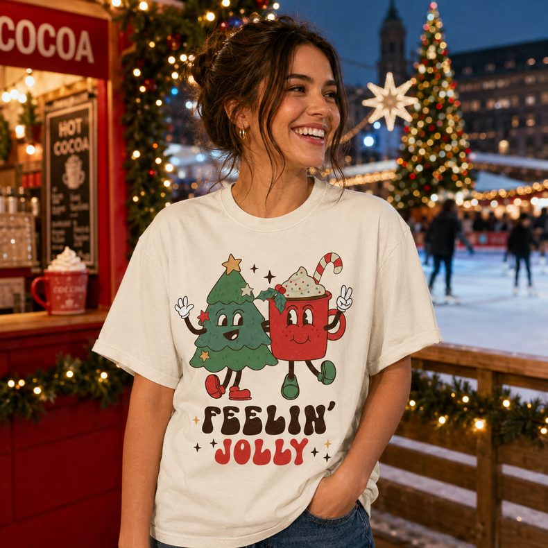 Feelin’ Jolly Christmas Graphic T-Shirt, Retro Tree and Cocoa Tee