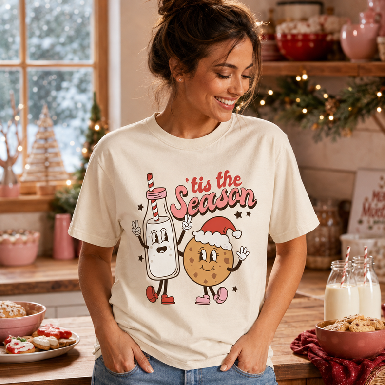 ’Tis the Season Graphic T-Shirt, Retro Milk and Cookies Christmas Tee