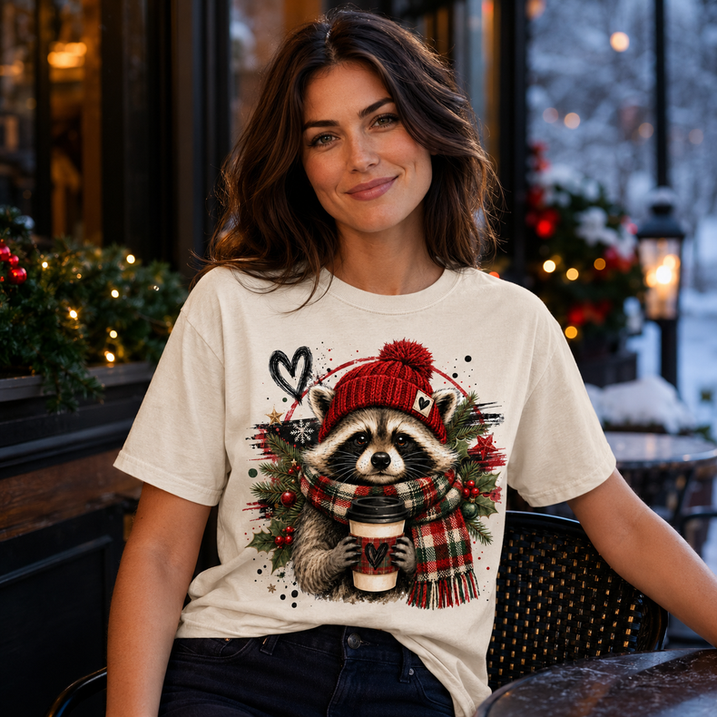 Christmas Raccoon Shirt, Cute Winter Animal Tee, Coffee Lover Comfort Colors T-Shirt