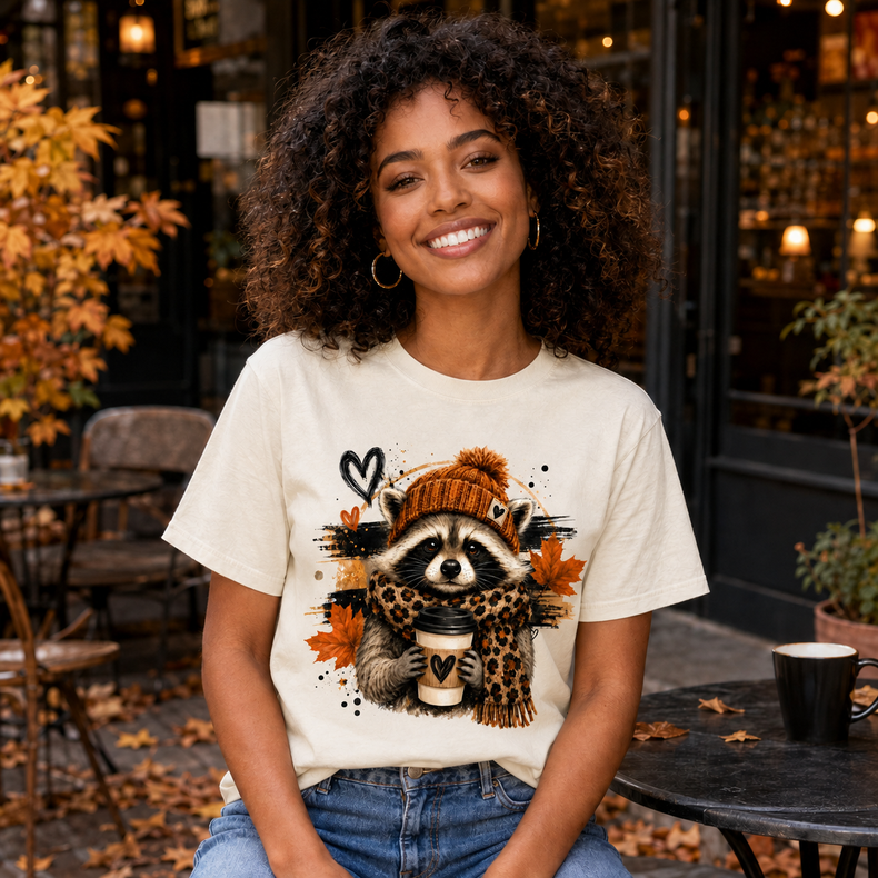 Fall Raccoon Shirt, Autumn Animal Tee, Coffee Lover Comfort Colors T-Shirt