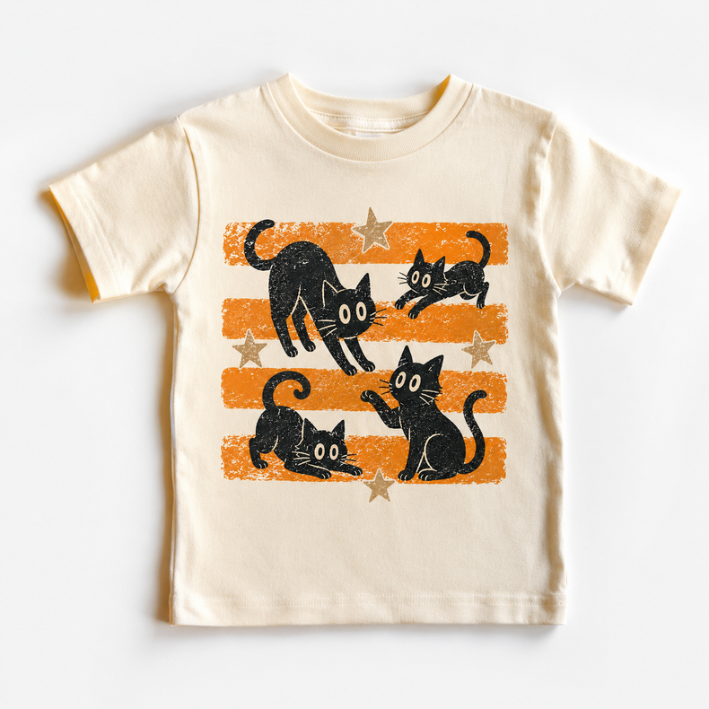 Vintage Halloween Black Cat Kids Shirt | Retro Orange Stripe Fall Graphic Tee