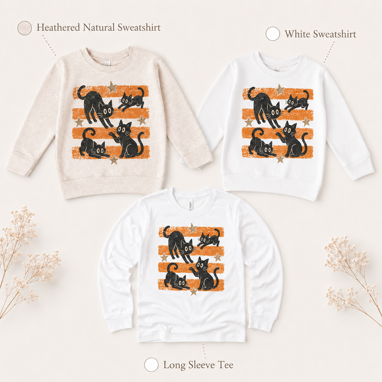 Vintage Halloween Black Cat Kids Shirt | Retro Orange Stripe Fall Graphic Tee