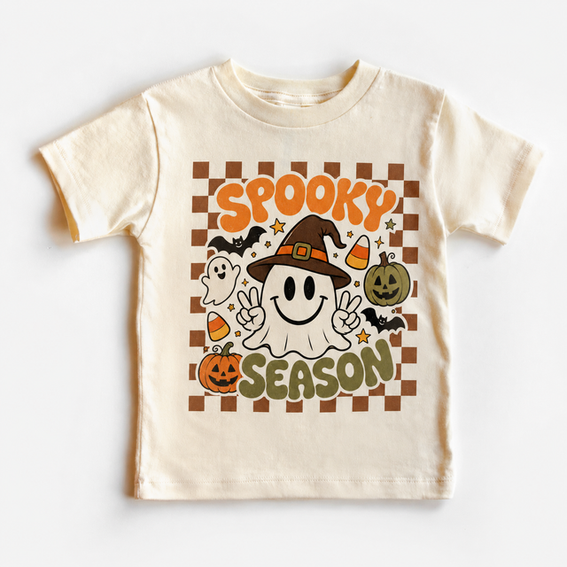 Vintage Kids Spooky Season Halloween, Ghost and Pumpkin graphic T-shirt by Madi Moosh