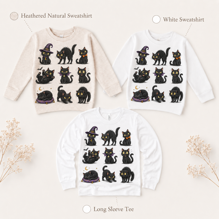 Kids Halloween Black Cat Graphic Tee – Spooky Cat Faces Shirt