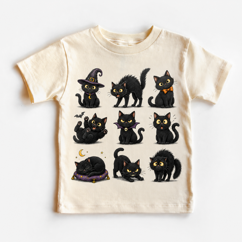 Kids Halloween Black Cat Graphic Tee – Spooky Cat Faces Shirt
