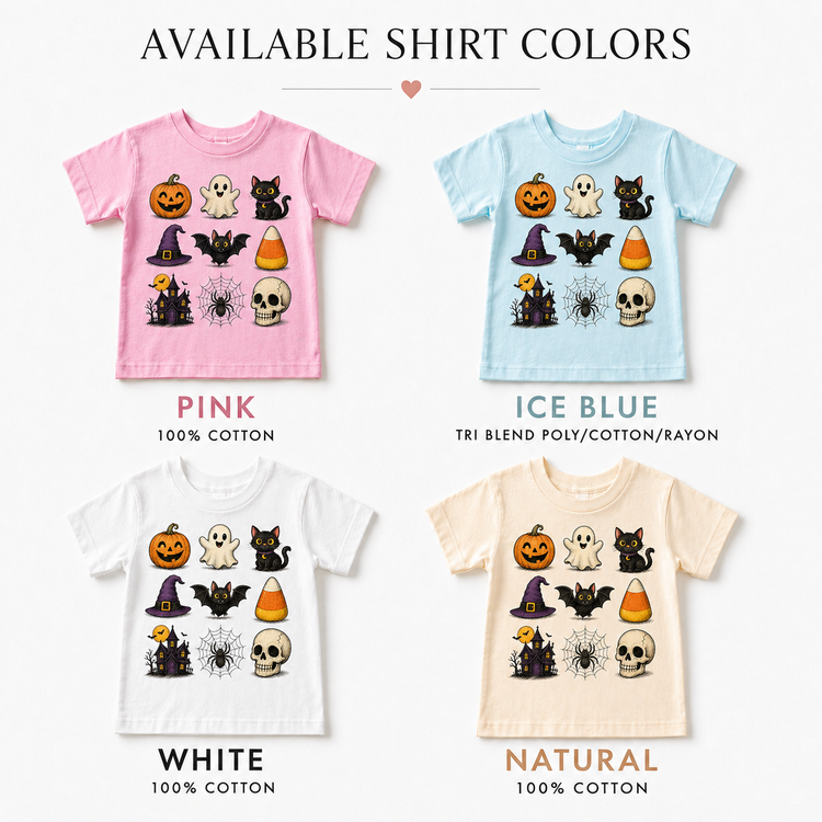 Kids Halloween Icons T-Shirt – Pumpkin, Ghost, Black Cat, Bat, Candy Corn, Haunted House & Skull Graphic Tee