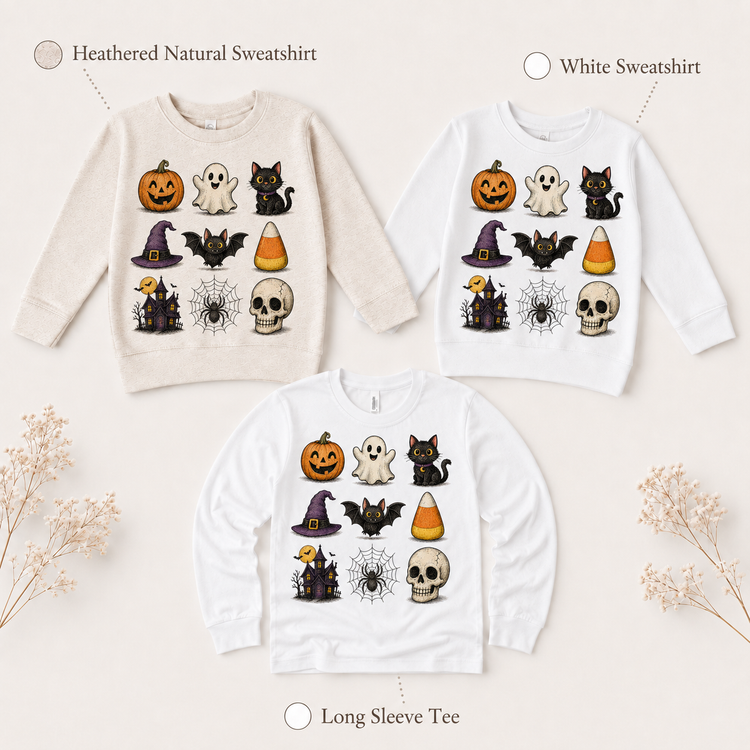Kids Halloween Icons T-Shirt – Pumpkin, Ghost, Black Cat, Bat, Candy Corn, Haunted House & Skull Graphic Tee