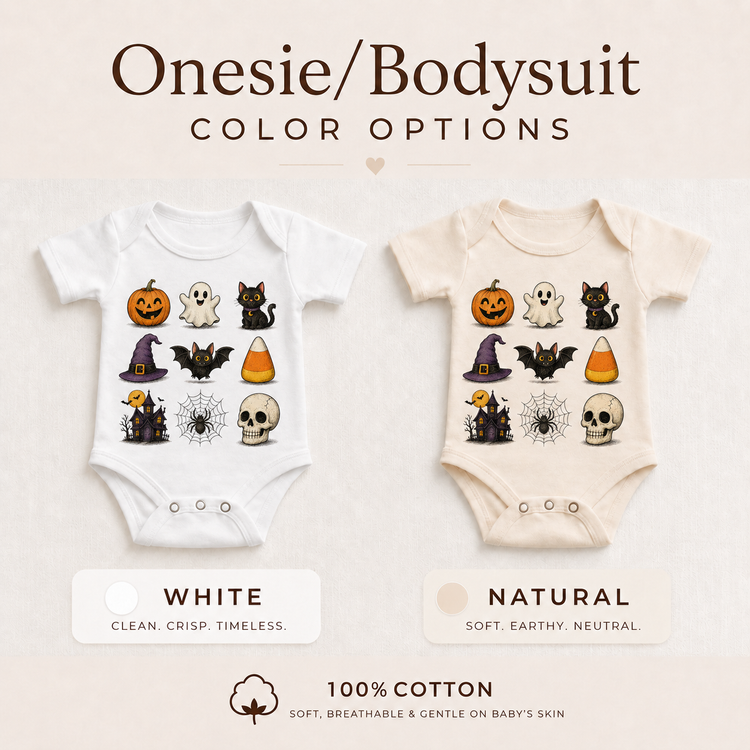 Kids Halloween Icons T-Shirt – Pumpkin, Ghost, Black Cat, Bat, Candy Corn, Haunted House & Skull Graphic Tee