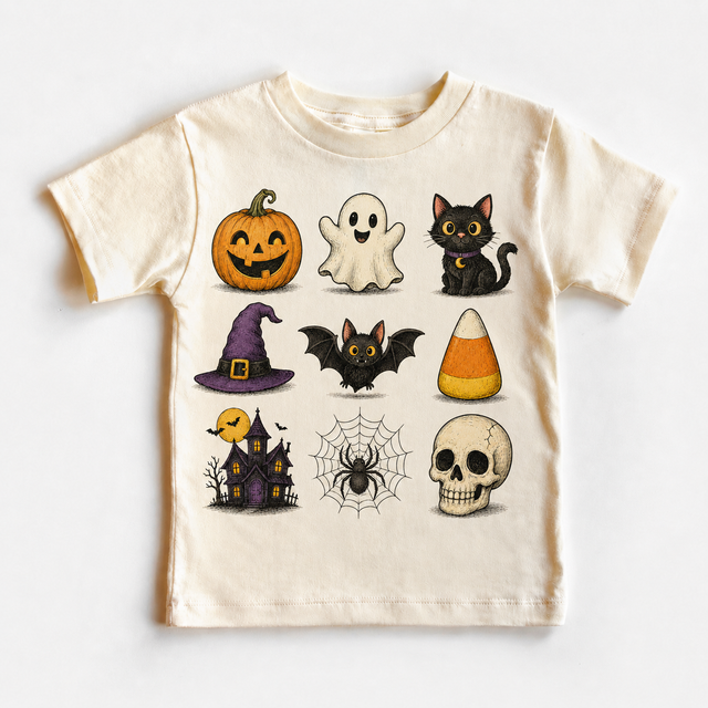 Kids Halloween Icons – Pumpkin, Ghost, Black Cat, Bat, Candy Corn, Haunted House & Skull graphic T-shirt by Madi Moosh