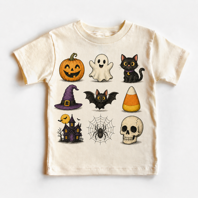 Kids Halloween Icons T-Shirt – Pumpkin, Ghost, Black Cat, Bat, Candy Corn, Haunted House & Skull Graphic Tee