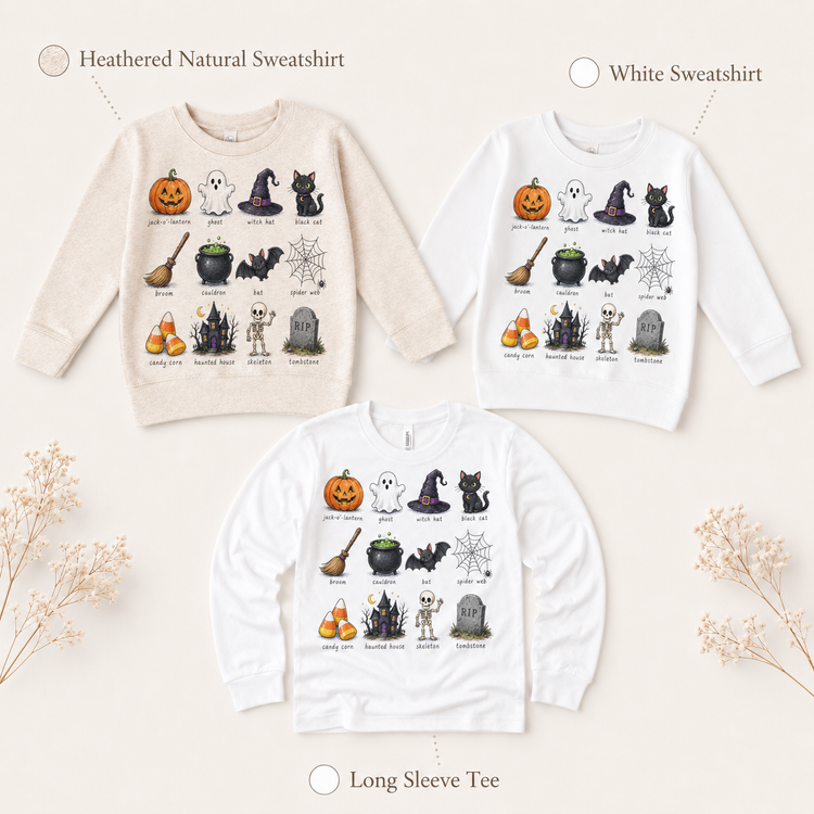 Kids Halloween Icons Graphic Tee – Vintage Pumpkin Ghost Witch Cat & Skeleton Shirt