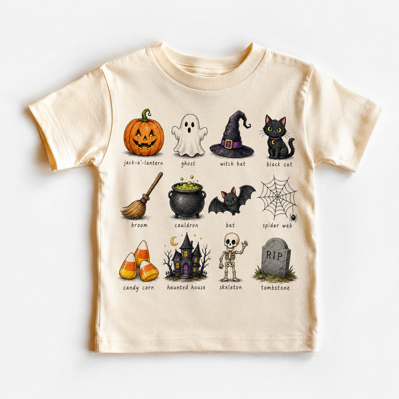 Kids Halloween Icons Graphic Tee – Vintage Pumpkin Ghost Witch Cat & Skeleton Shirt