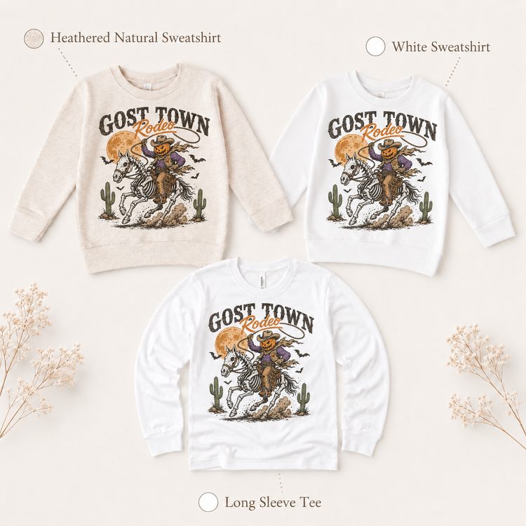 Ghost Town Rodeo Kids Halloween Graphic Tee – Pumpkin Cowboy Skeleton Horse Western Shirt