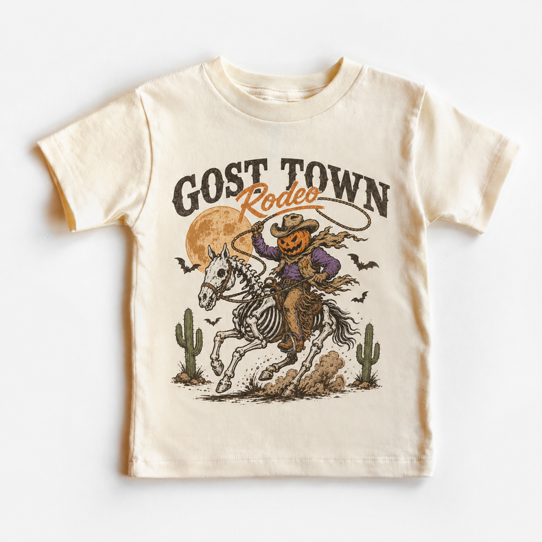 Ghost Town Rodeo Kids Halloween Graphic Tee – Pumpkin Cowboy Skeleton Horse Western Shirt
