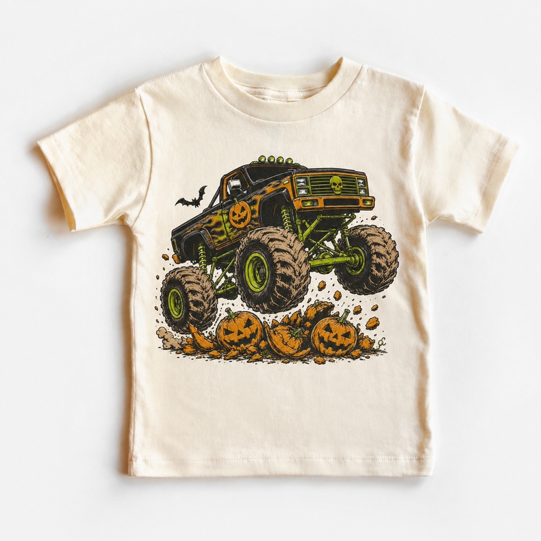 Crushing Pumpkins Halloween Monster Truck Kids Graphic Tee – Pumpkin & Bat Fall Shirt