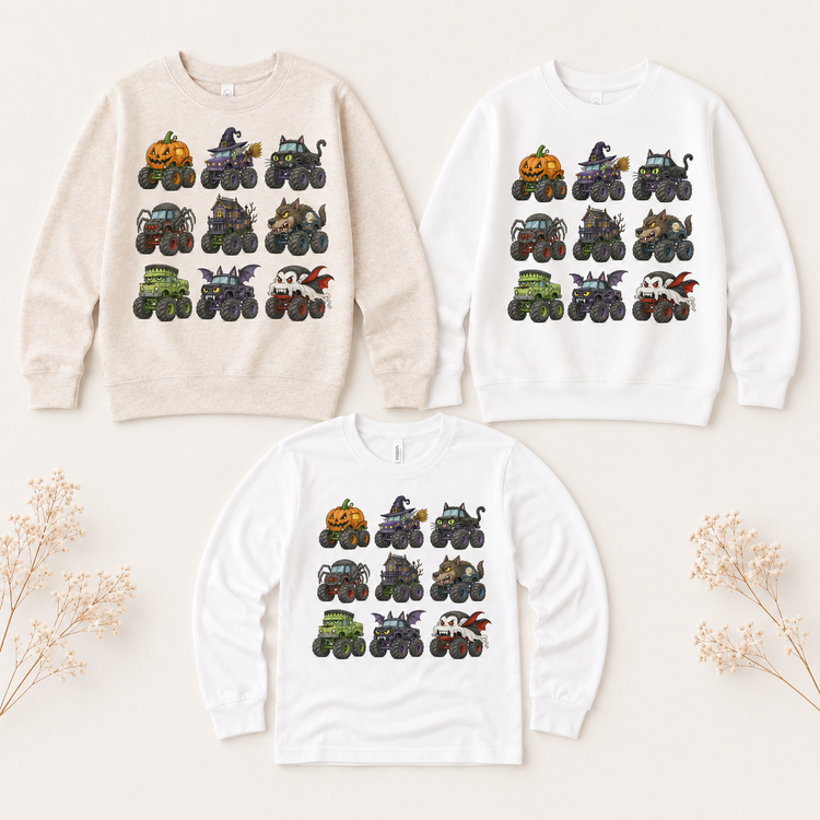 Crushing Pumpkins Halloween Monster Truck Kids Graphic Tee – Spooky Trucks Fall Shirt