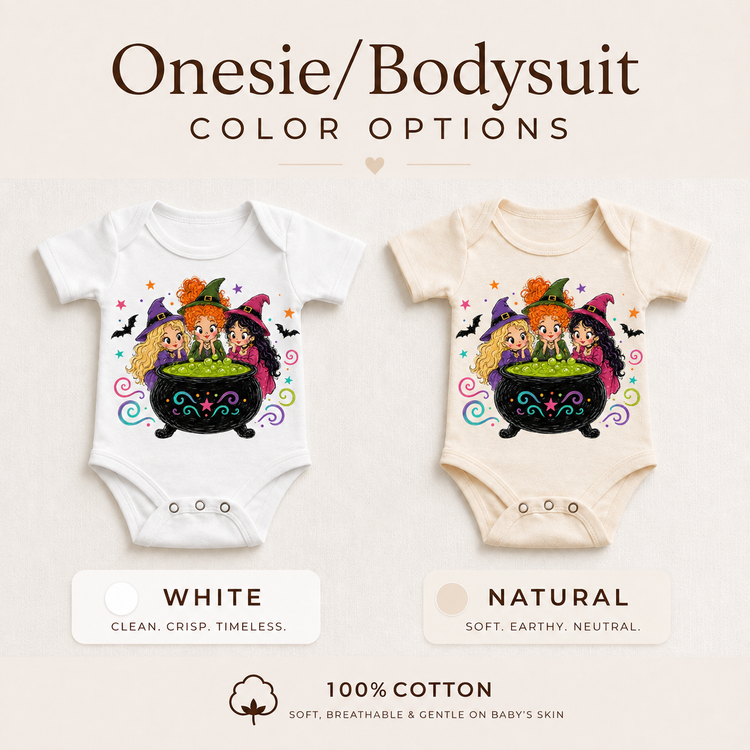 White and natural baby bodysuits featuring three witches around a bubbling cauldron with bats and stars.