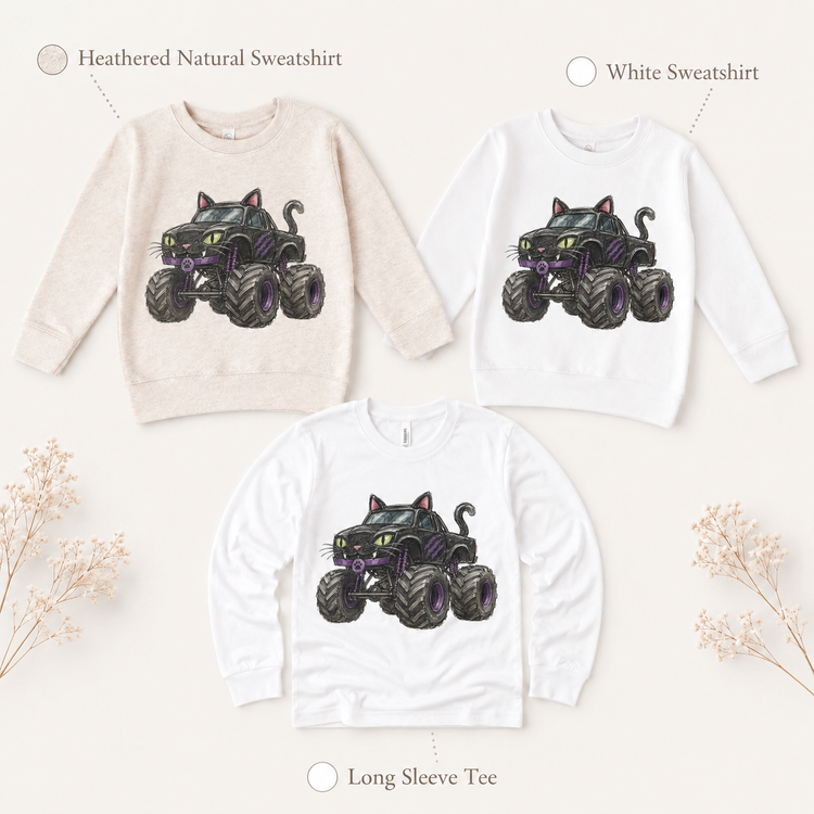 Black Cat Monster Truck Kids Halloween Graphic Tee