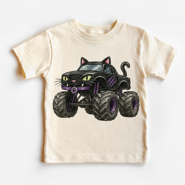 Black Cat Monster Truck Kids Halloween graphic T-shirt by Madi Moosh