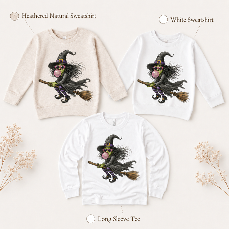 Blowing Blubbles Witch Kids Halloween T-Shirt – Flying Broom Witch Graphic Tee