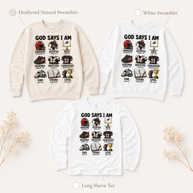 God Says I Am Football Shirt, Christian Football Tee, Boys Faith Based Sports Shirt, Bible Verse Football Graphic Tee