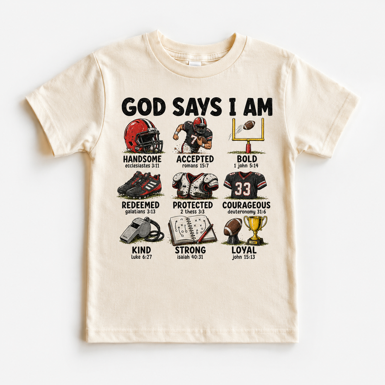 God Says I Am Football Shirt, Christian Football Tee, Boys Faith Based Sports Shirt, Bible Verse Football Graphic Tee