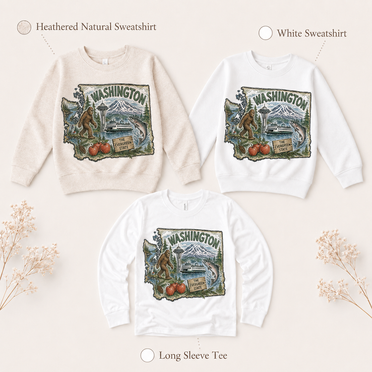 Washington State Landmarks Kids Graphic Tee – Bigfoot, Space Needle, Ferry & Salmon Shirt
