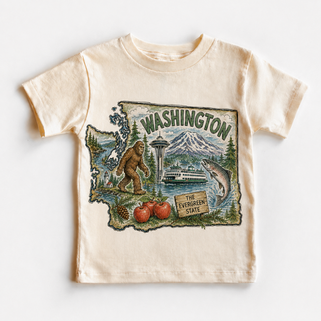 Washington State Landmarks Kids – Bigfoot, Space Needle, Ferry & Salmon graphic T-shirt by Madi Moosh