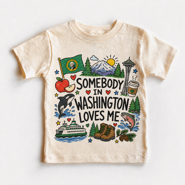 Somebody in Washington Loves Me Kids – Washington State Souvenir graphic T-shirt by Madi Moosh