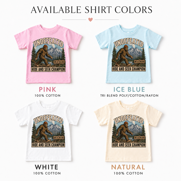 Undefeated Hide and Seek Champion Bigfoot Mt. St. Helens Kids Graphic Tee