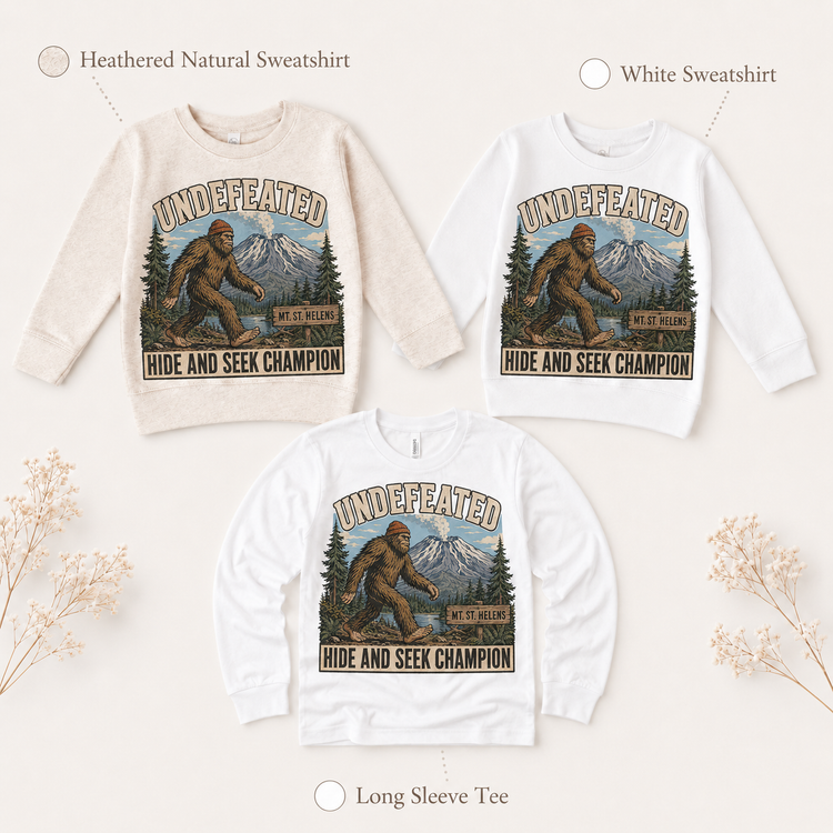 Undefeated Hide and Seek Champion Bigfoot Mt. St. Helens Kids Graphic Tee