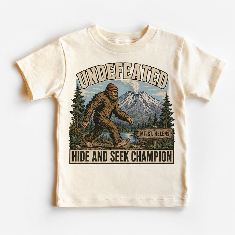 Undefeated Hide and Seek Champion Bigfoot Mt. St. Helens Kids Graphic Tee