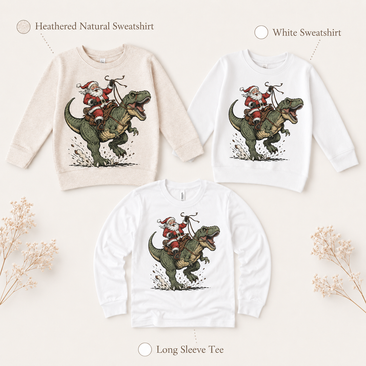 Santa Riding Dinosaur Christmas Shirt, Kids T Rex Holiday Graphic Tee, Boys Festive Top