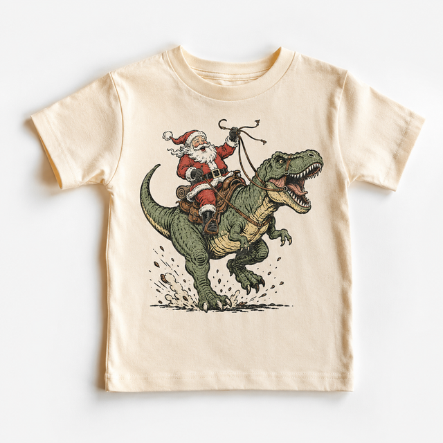 Santa Riding Dinosaur Christmas, Kids T Rex Holiday, Boys Festive Top graphic T-shirt by Madi Moosh