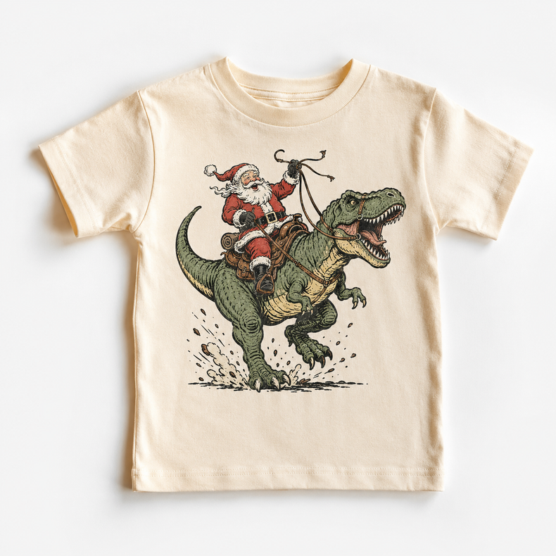 Santa Riding Dinosaur Christmas Shirt, Kids T Rex Holiday Graphic Tee, Boys Festive Top