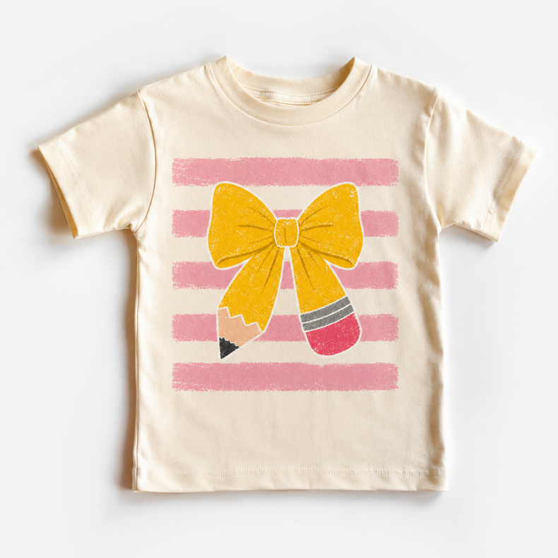 Back to School Pencil Crayon Bow Toddler Shirt, Pink Stripe Coquette Bow Girls School Tee, Preschool Kindergarten Outfit