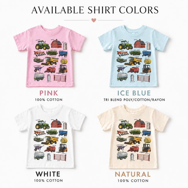 Farm Equipment Chart Toddler Shirt, Tractor Barn Silo Combine Kids Farm Machinery Tee, Country Farm Graphic Shirt