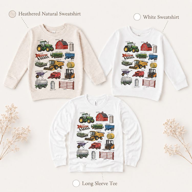 Farm Equipment Chart Toddler Shirt, Tractor Barn Silo Combine Kids Farm Machinery Tee, Country Farm Graphic Shirt