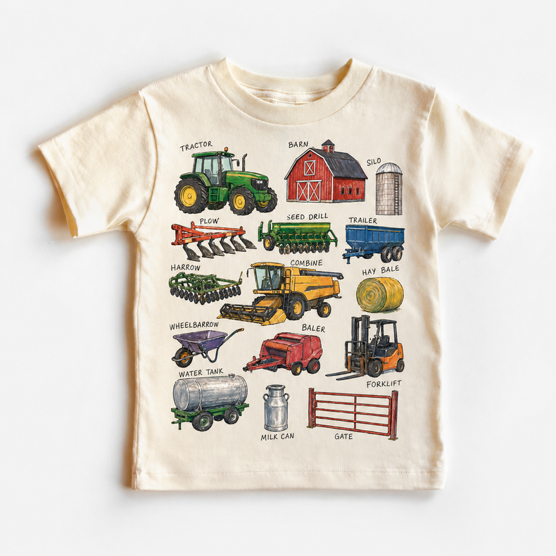 Farm Equipment Chart Toddler Shirt, Tractor Barn Silo Combine Kids Farm Machinery Tee, Country Farm Graphic Shirt
