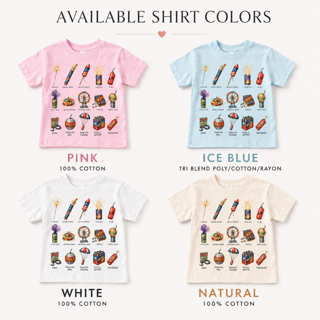 Kids Names Of Fireworks Shirt | Fourth of July Fireworks Tee | Patriotic Summer Firecracker Shirt for Boys and Girls