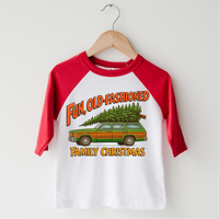 Fun Old Fashioned Family Christmas design on a raglan shirt with red sleeves.
