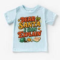 Dear Santa I Can Explain Christmas design on a blue garment.